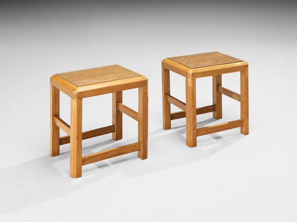 Italian Pair of Stools in Cane and Wood