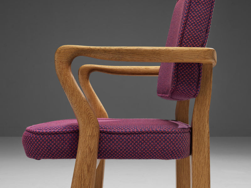 Guillerme & Chambron Pair of 'Denis' Armchairs in Oak and Purple Upholstery