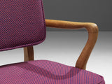 Guillerme & Chambron Pair of 'Denis' Armchairs in Oak and Purple Upholstery