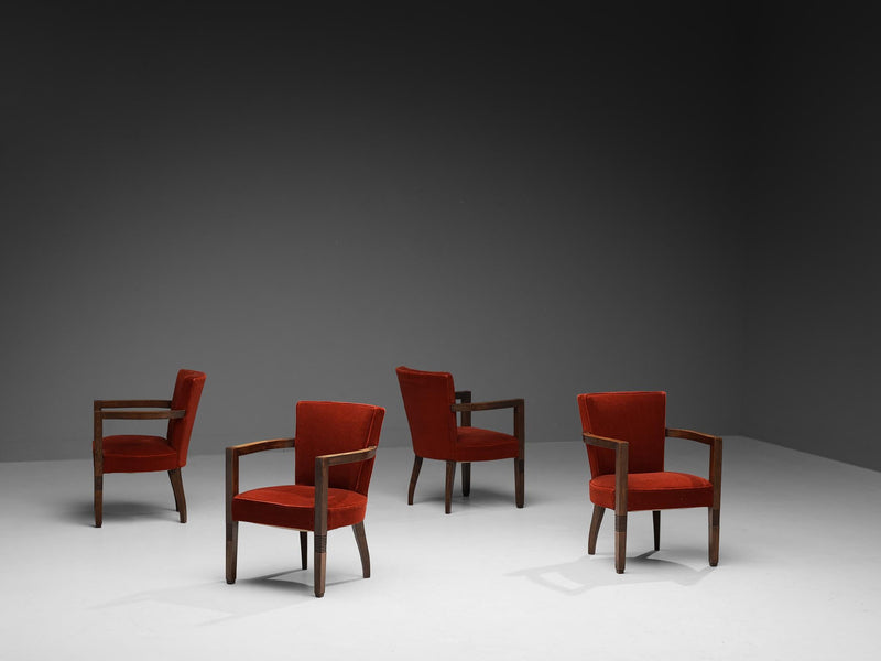 Charles Dudouyt Set of Four Armchairs in Oak and Red Velvet