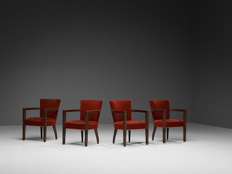 Charles Dudouyt Set of Four Armchairs in Oak and Red Velvet