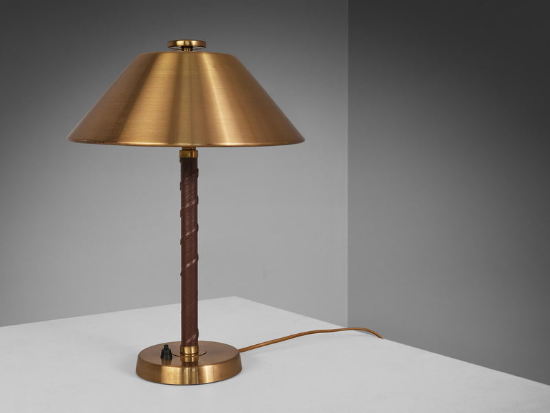 Einar Bäckström Table Lamp in Brushed Brass and Cognac Leather
