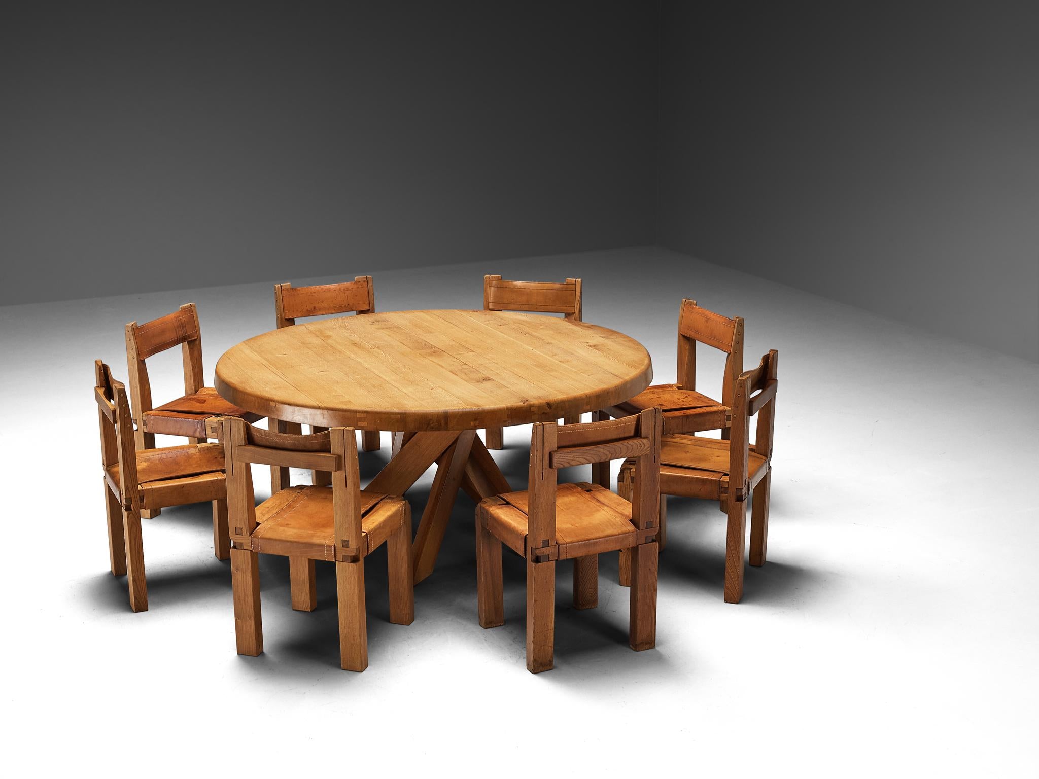 Early Pierre Chapo Dining Set With T21E Table and Twelve S11 Dining Chairs