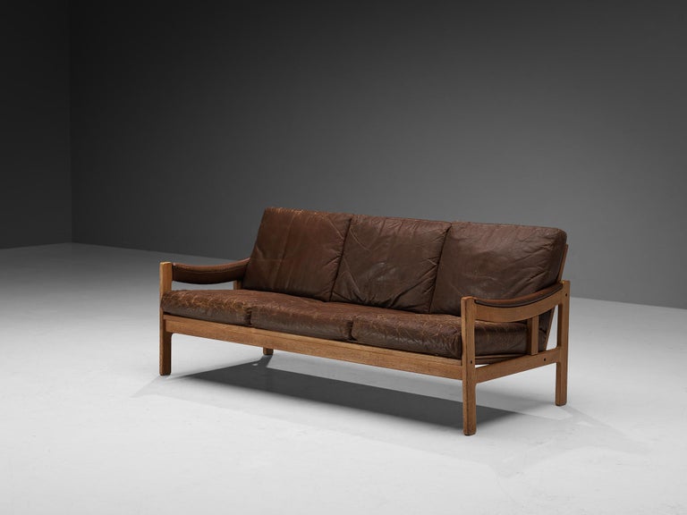 Scandinavian Sofa In Oak And Brown Leather