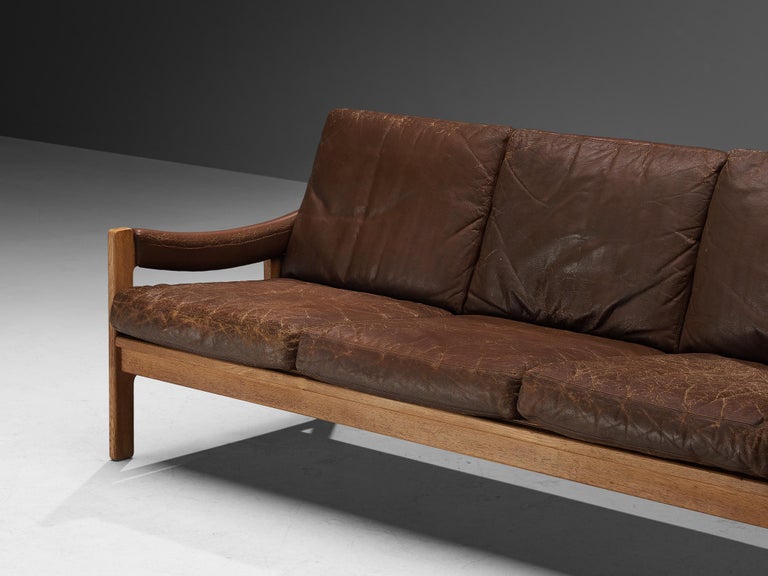 Scandinavian Sofa in Oak and Brown Leather