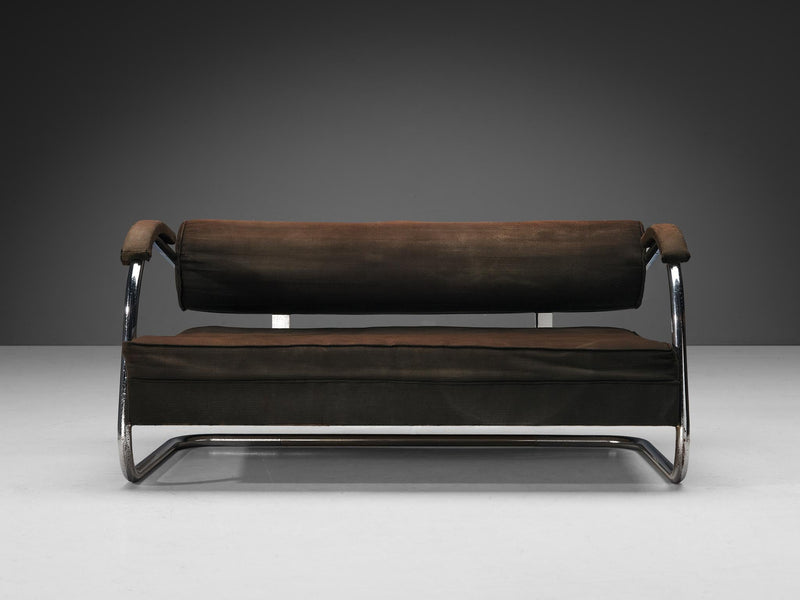 Sofa with Tubular Frame and Brown Upholstery