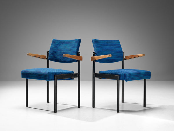 Pair of Stackable Armchairs in Blue Upholstery and Black Metal Frame
