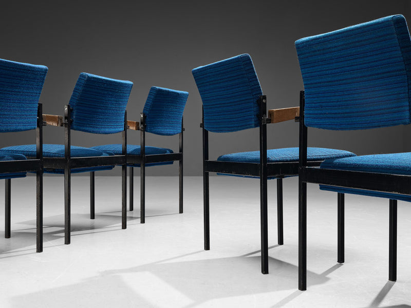 Set of Six Stackable Armchairs in Blue Upholstery and Black Metal Frame