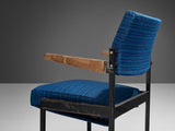 Set of Six Stackable Armchairs in Blue Upholstery and Black Metal Frame