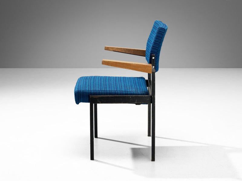 Stackable Armchair in Blue Upholstery and Black Metal Frame