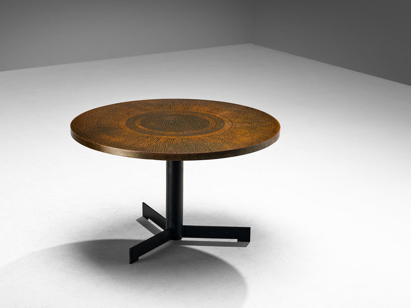 Round Dining Table with Textured Bronze Look Top and Iron Base