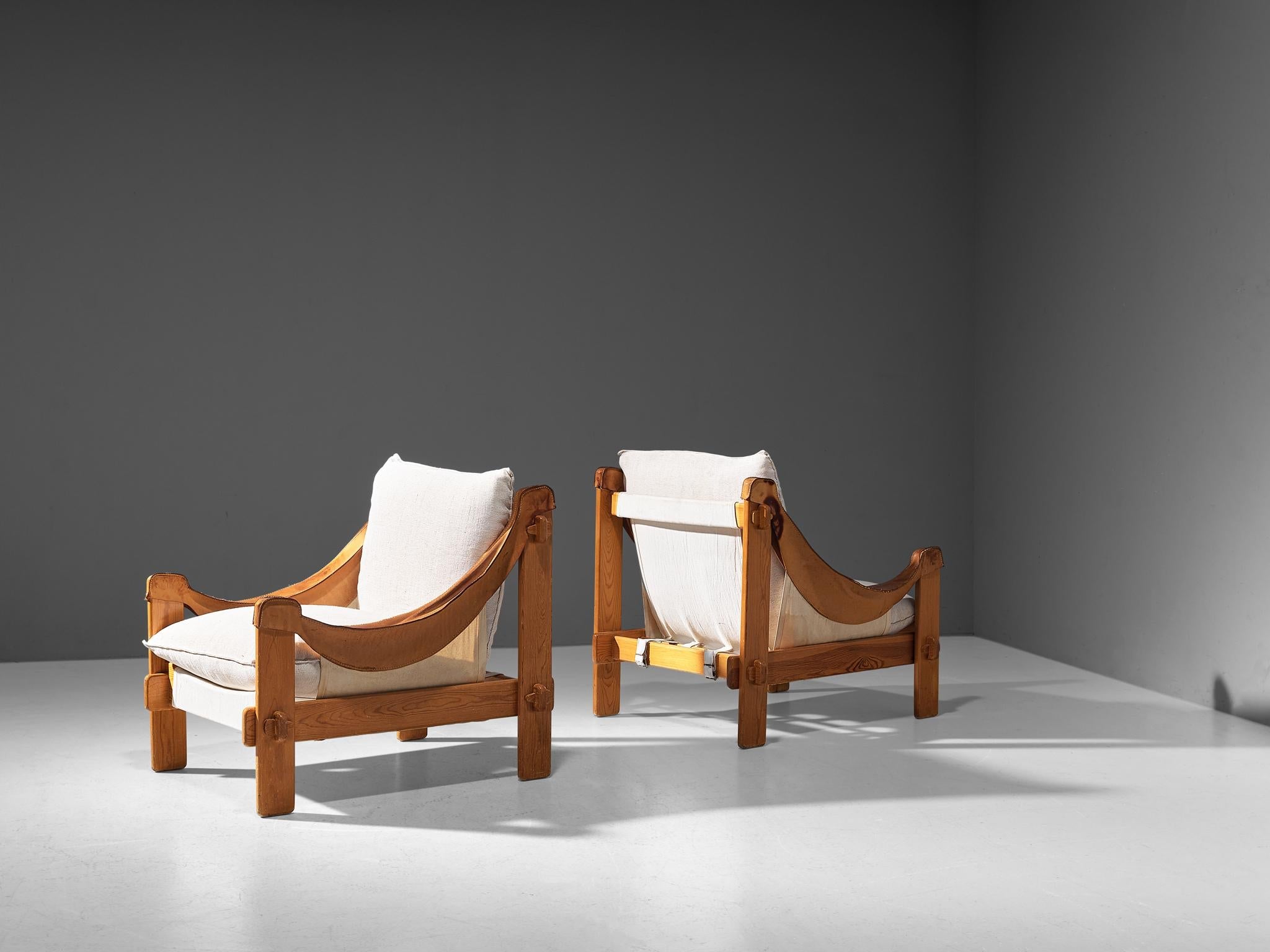 Spanish Brutalist Pair of Lounge Chairs in Ash and Off-White Upholstery