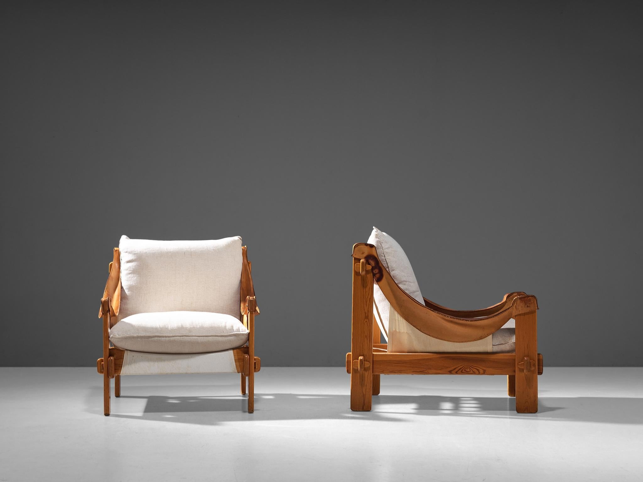 Spanish Brutalist Pair of Lounge Chairs in Ash and Off-White Upholstery