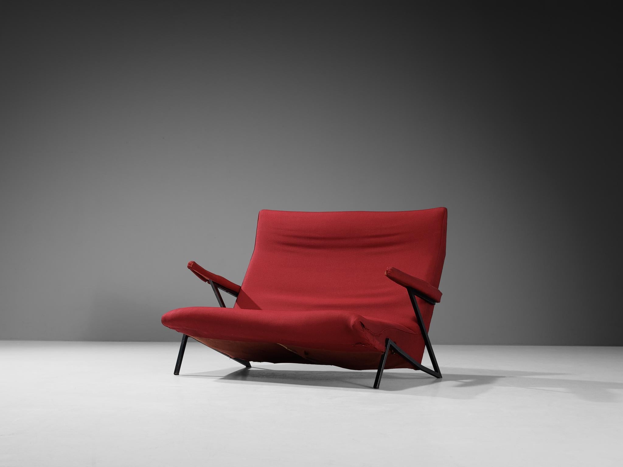 Italian Loveseat in Black Lacquered Metal and Red Upholstery