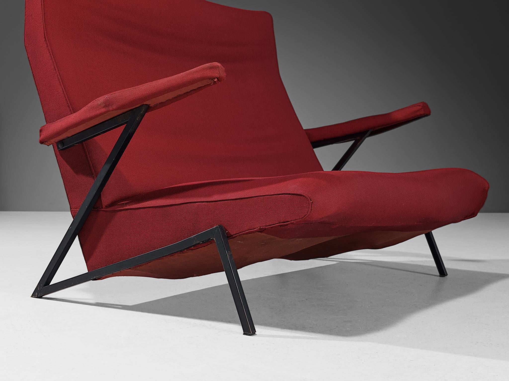 Italian Loveseat in Black Lacquered Metal and Red Upholstery