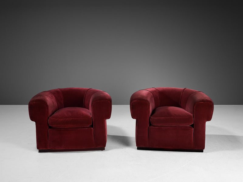 Italian Art Deco Pair of Lounge Chairs in Burgundy Velvet