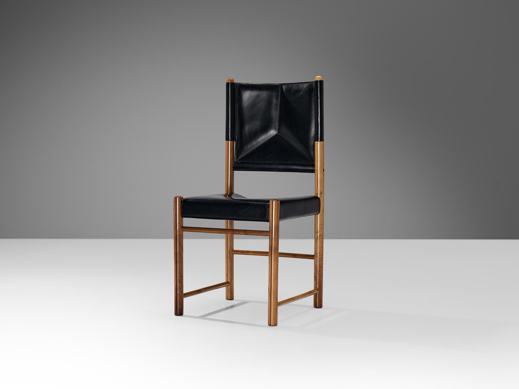 Italian Set of Four Dining Chairs in Black Leather and Walnut