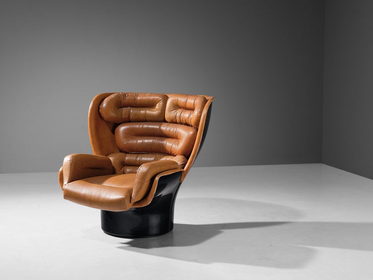 Joe Colombo ‘Elda’ Lounge Chair in Cognac Leather and Black Fiberglass