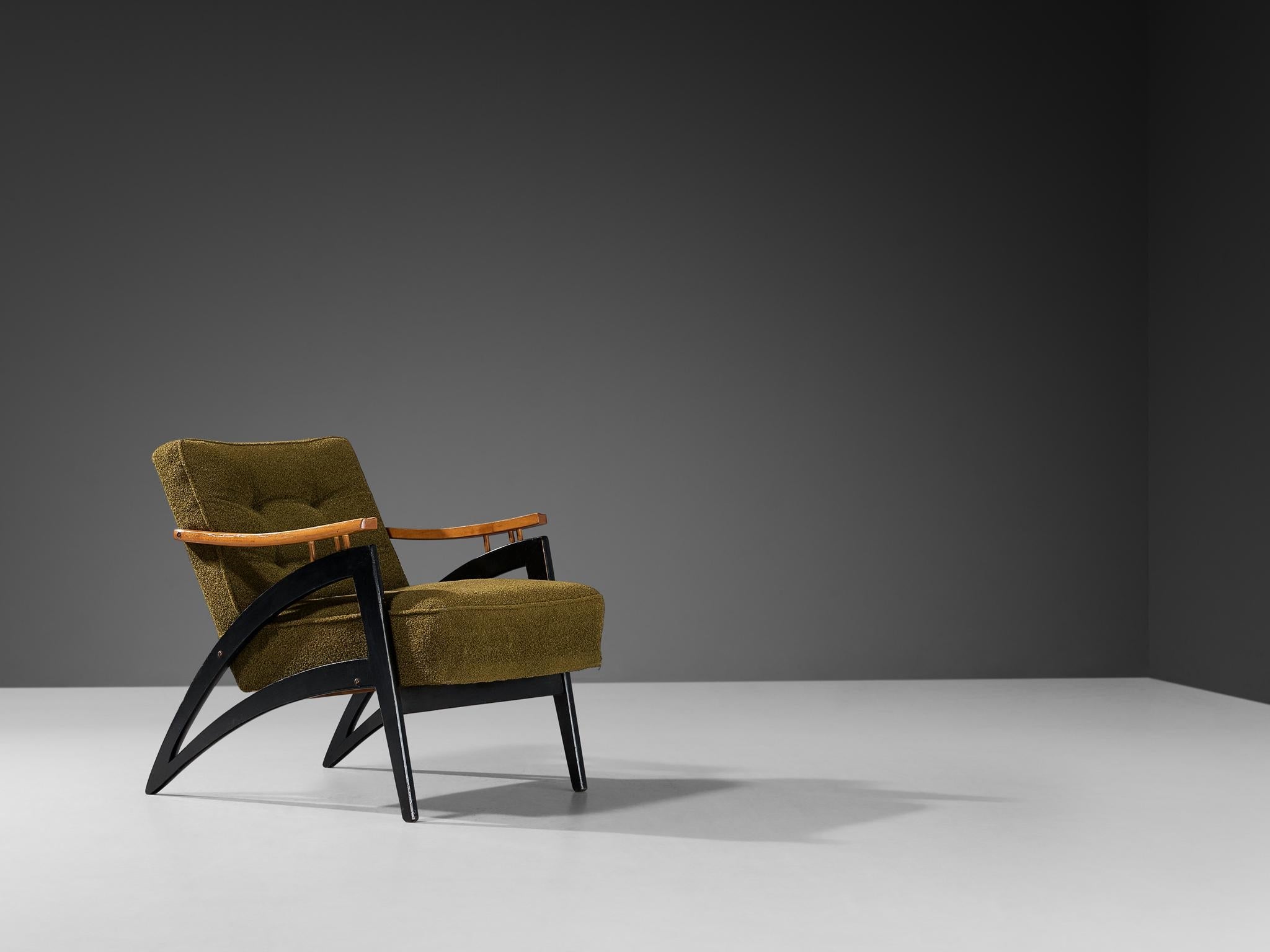 Italian Dynamic Lounge Chair in Olive Green Upholstery