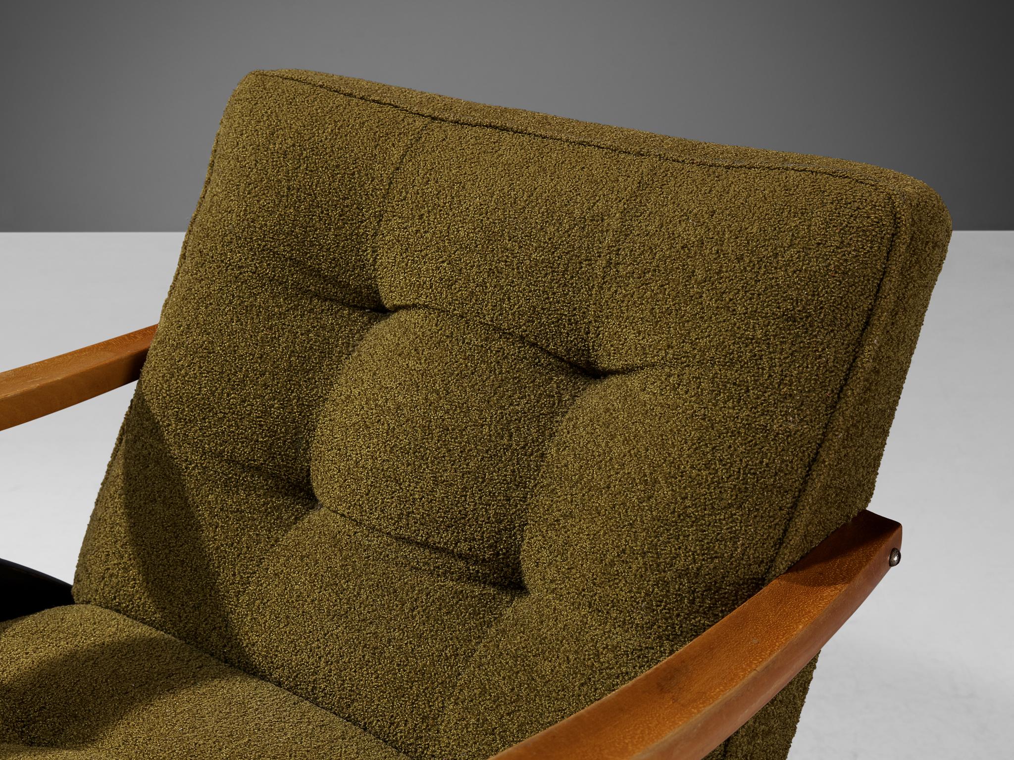 Italian Dynamic Lounge Chair in Olive Green Upholstery