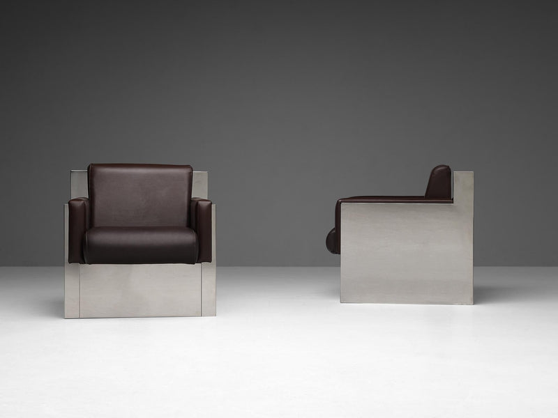 Italian Pair of Cubic Lounge Chairs Stainless Steel and Brown Upholstery