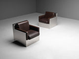 Italian Pair of Cubic Lounge Chairs Stainless Steel and Brown Upholstery