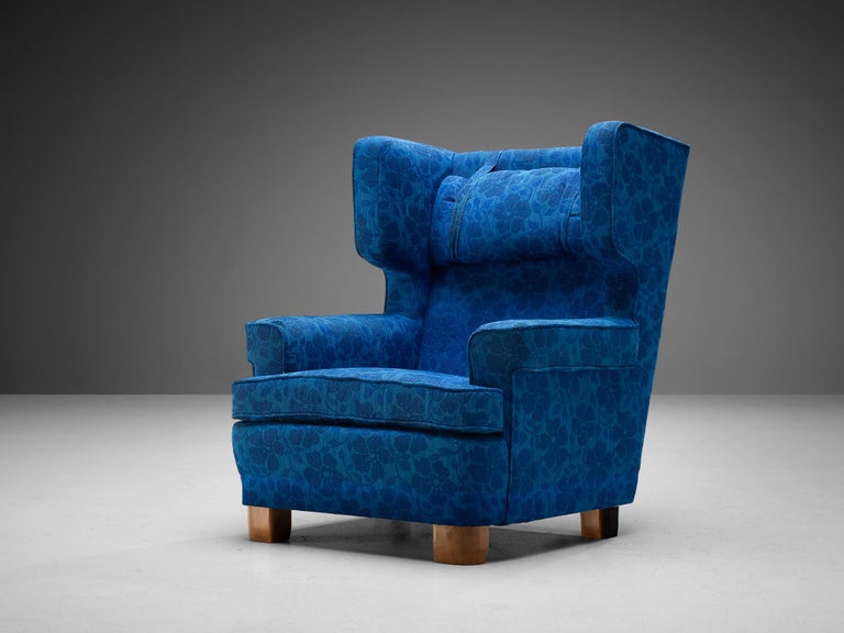 Swedish Lounge Chair in Blue Floral Upholstery