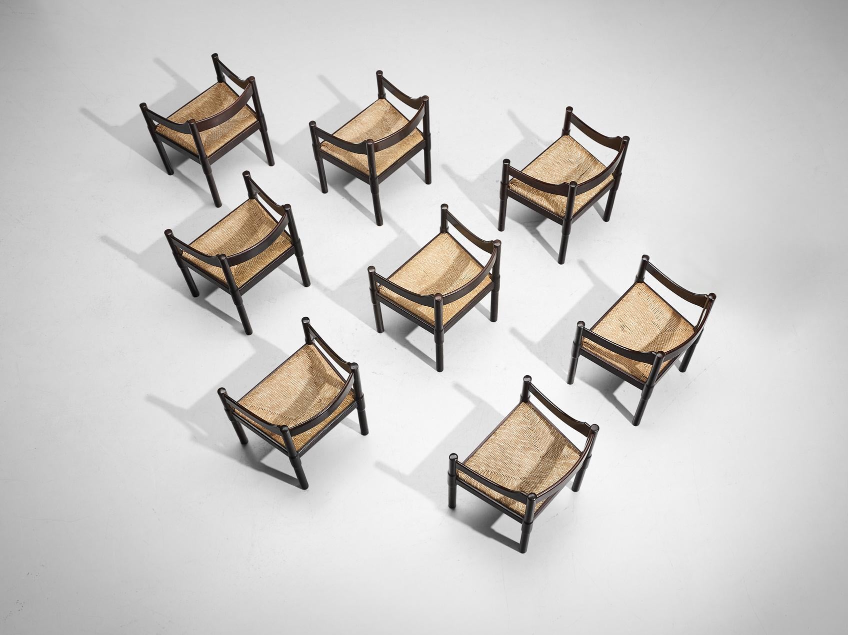 Vico Magistretti Set of Eight ‘Carimate’ Dining Chairs with Rush Seats