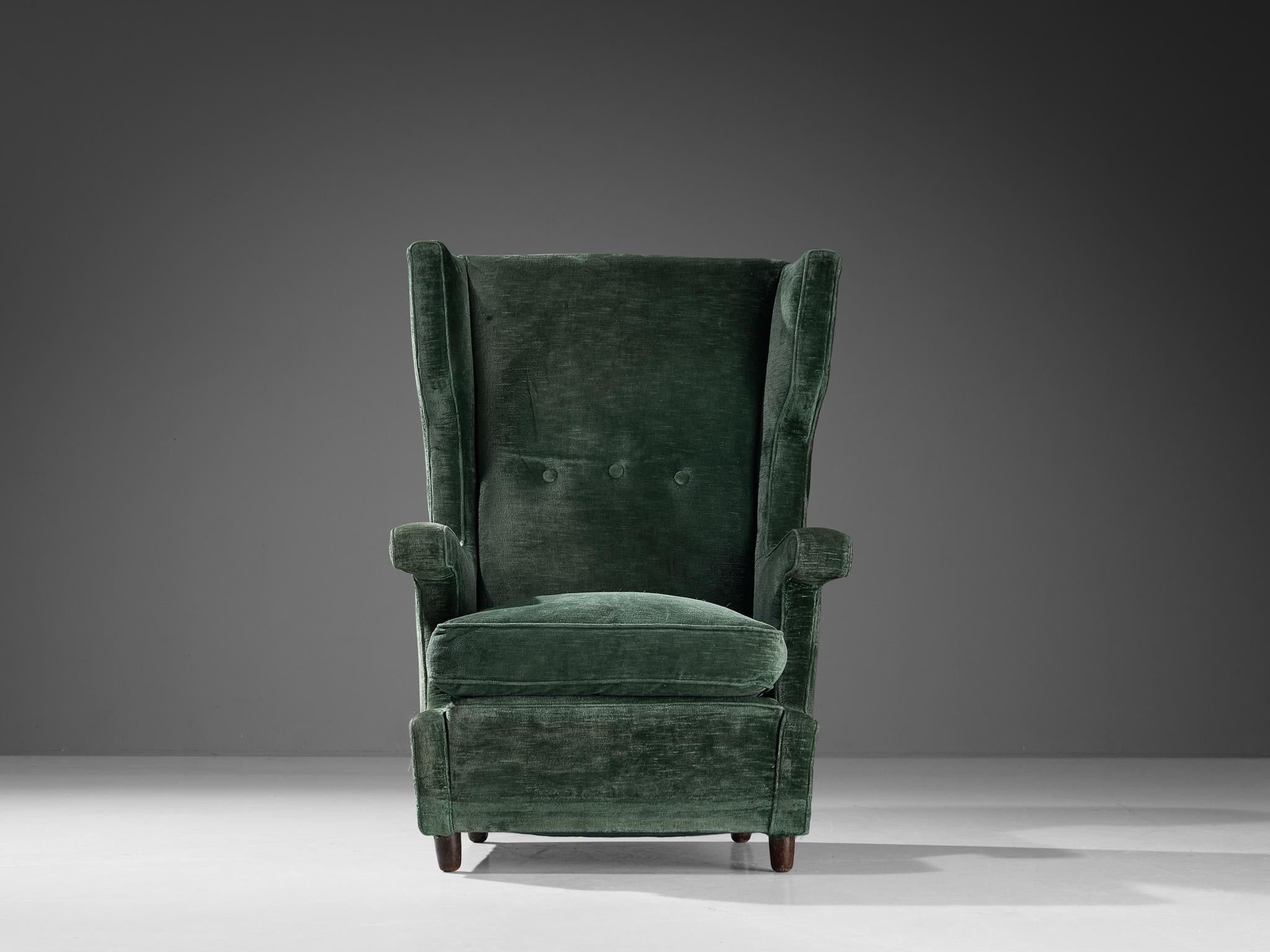 Italian Wingback Chair in Olive Green Velvet