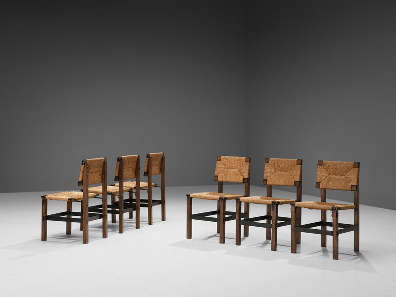French Set of Six Brutalist Dining Chairs in Oak and Metal Frames