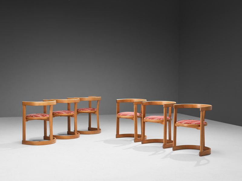 Italian Set of Six Sculptural Dining Chairs in Wood and Fabric Upholstery