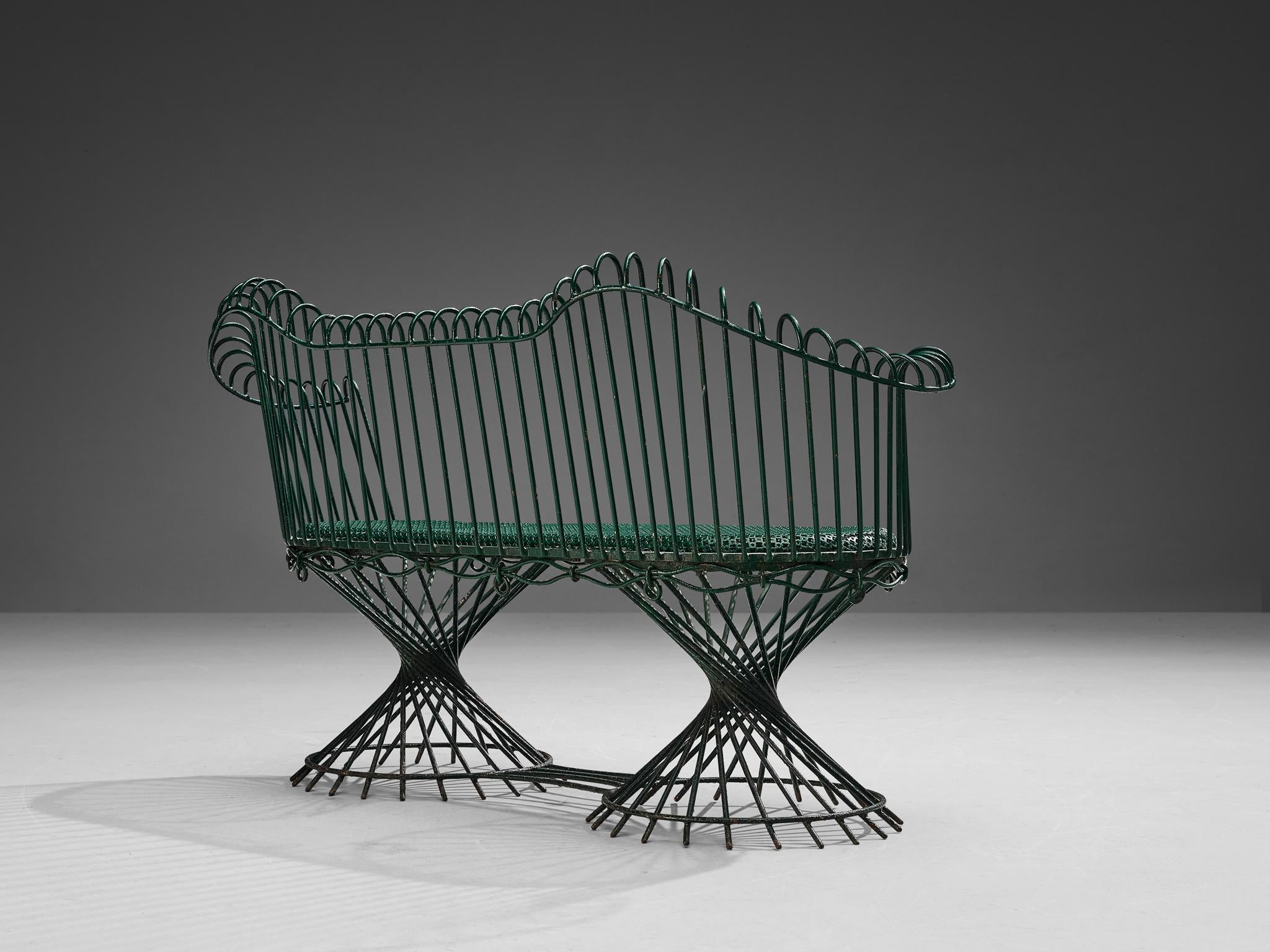 Mathieu Matégot 'Anthéor' Bench in Green Lacquered Wrought Iron