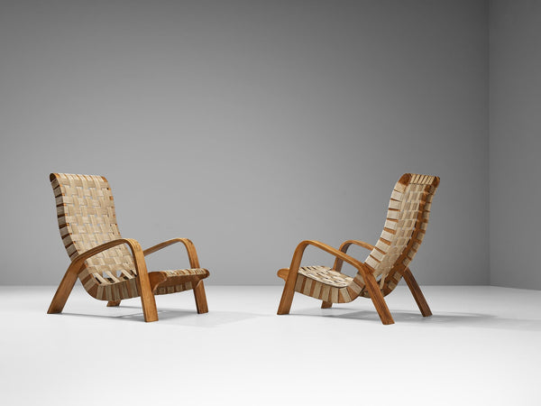 Sculptural Pair of Lounge Chairs with Canvas Webbing