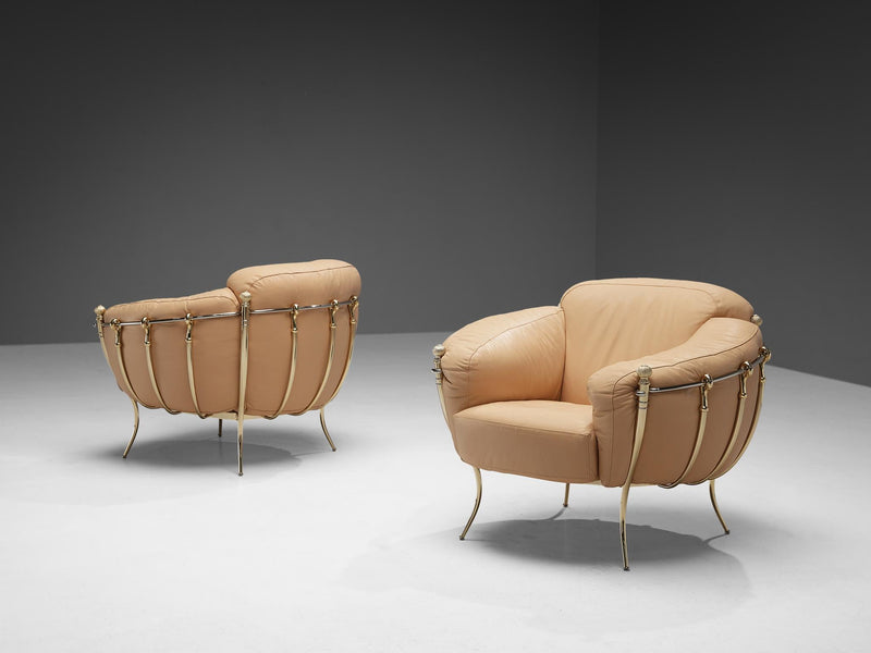 Spanish Lounge Chairs in Peach Leather and Brass
