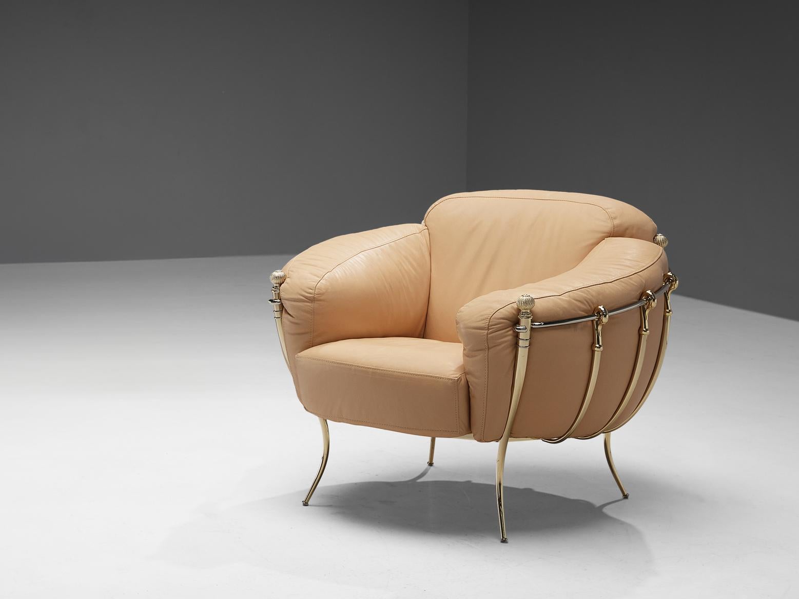 Spanish Lounge Chair in Peach Leather and Brass