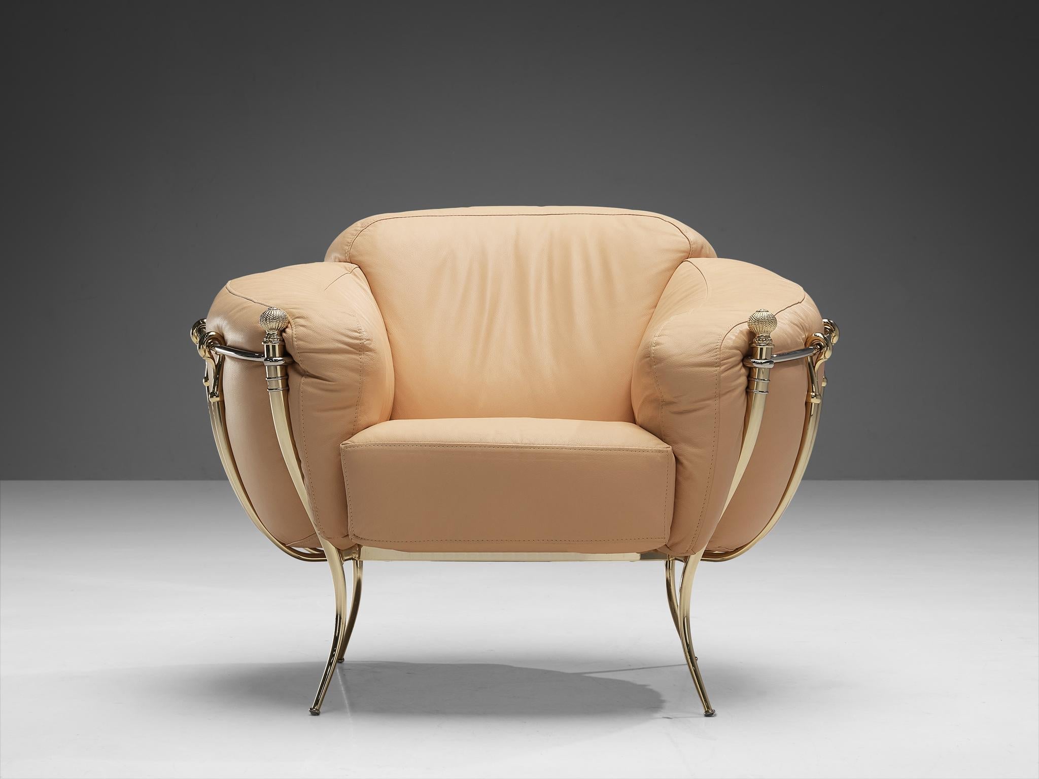 Spanish Lounge Chair in Peach Leather and Brass