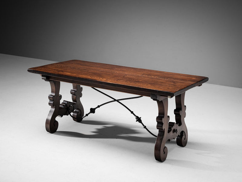 Spanish Brutalist Dining Table in Oak and Wrought Iron