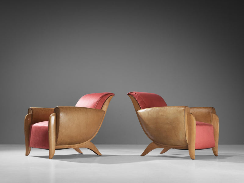 French Pair Of Art Deco Lounge Chairs In Leather And Pink Silk – Morentz
