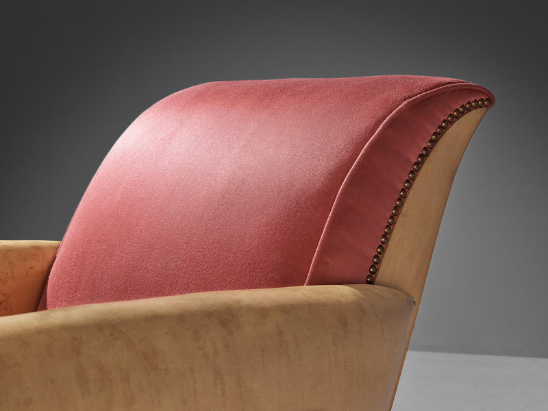French Pair of Art Deco Lounge Chairs in Leather and Pink Silk
