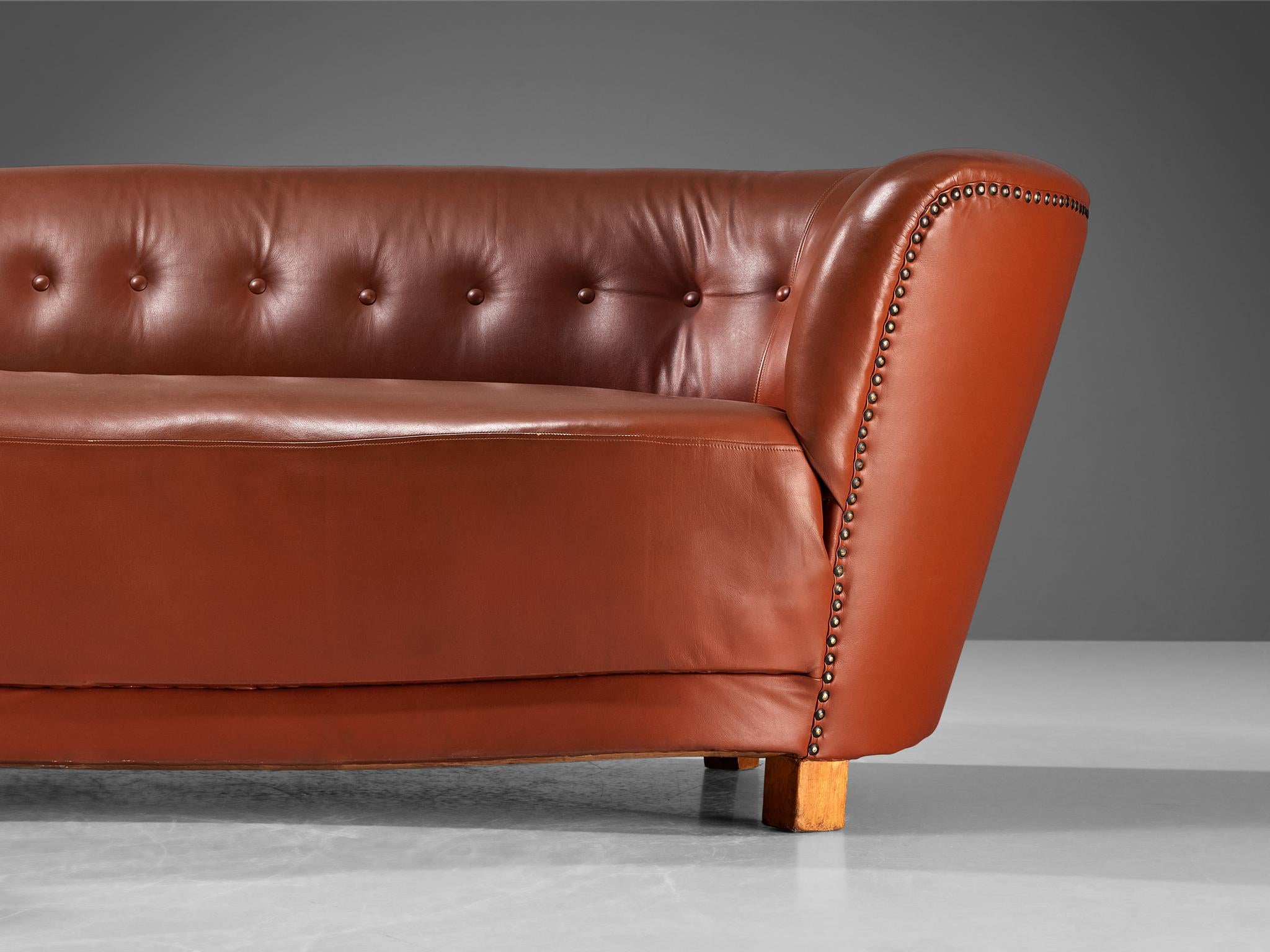 Danish Banana Sofa in Cognac Brown Leather