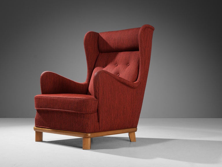Danish Wingback Chair in Red Upholstery