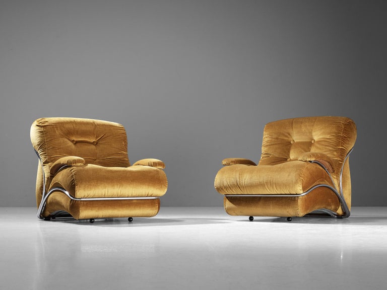 I.P.E. Pair of 'Corolla' Lounge Chair in Yellow Velvet