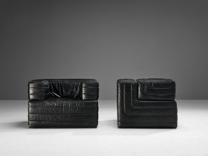 Italian Pair of Cubic Lounge Chairs in Black Leather