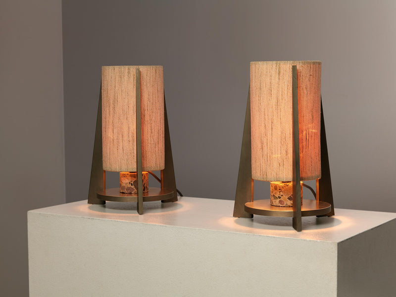 Pair of Tripod Table Lamps in Nickel and Terrazzo Stone
