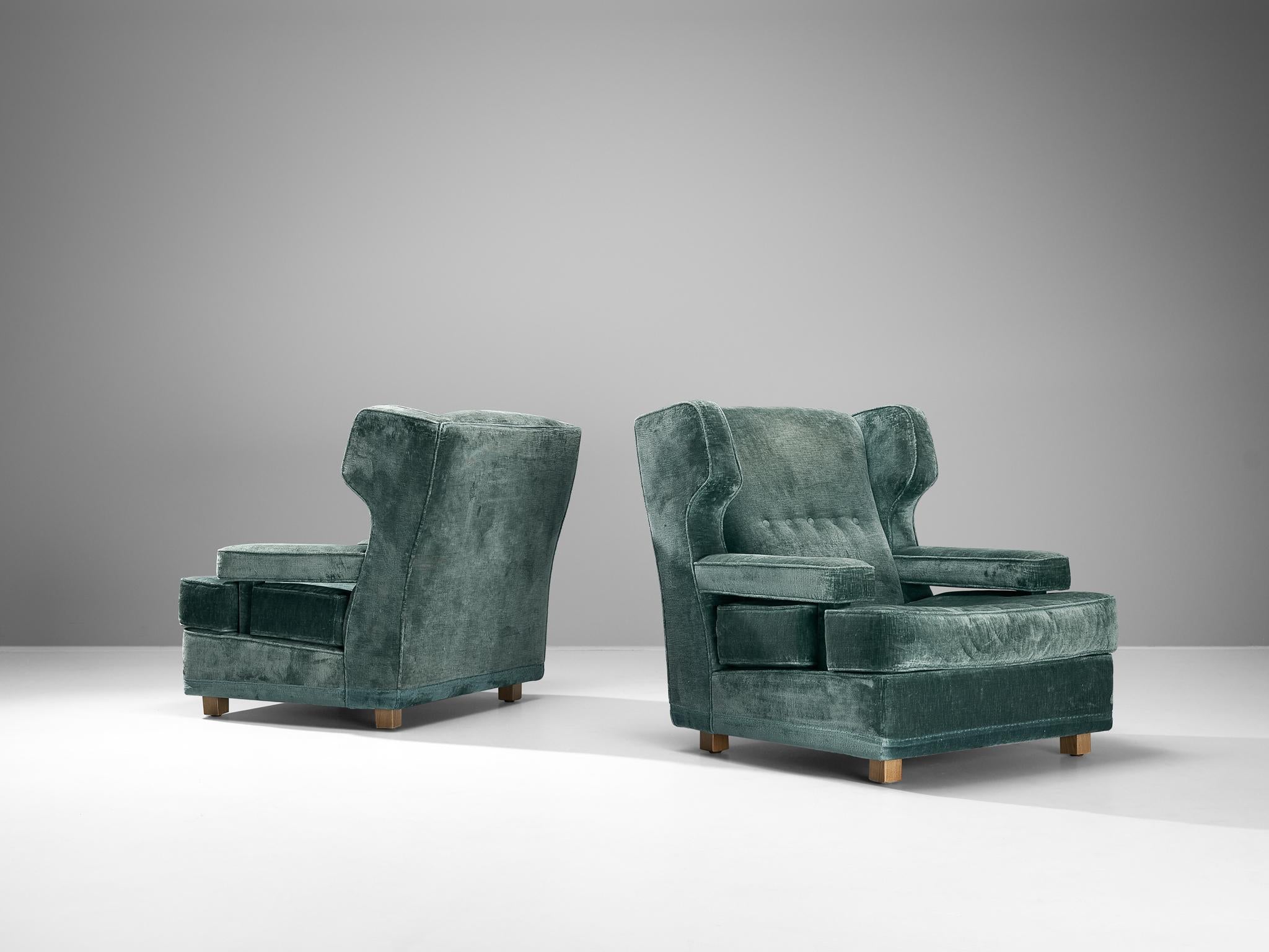 Italian Pair of Wingback Chairs in Mint Green Velour