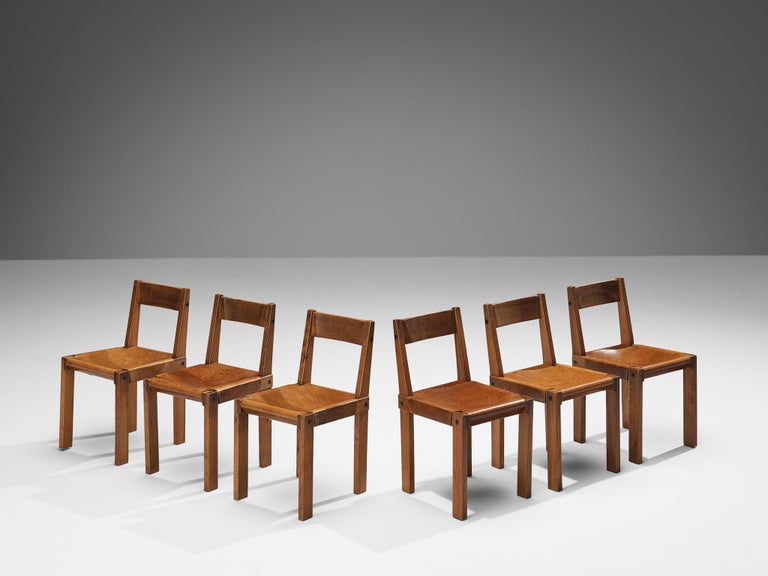 Early Pierre Chapo Set of Six 'S24' Dining Chairs in Cognac Leather and Elm