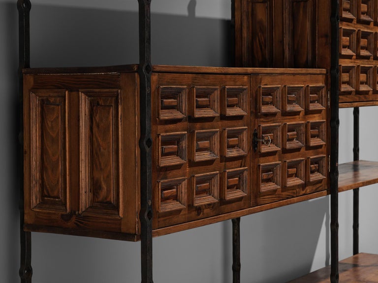 Spanish Brutalist Highboard in Stained Pine and Iron
