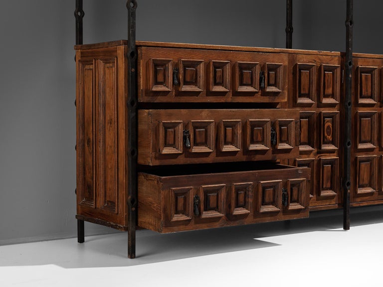 Spanish Brutalist Highboard in Stained Pine and Iron