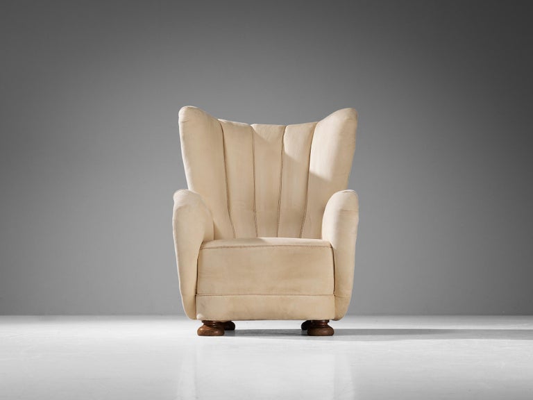 Danish Wingback Chair in Off White Upholstery
