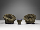 Italian Pair of Lounge Chairs with Coffee Table in Khaki Green Velvet